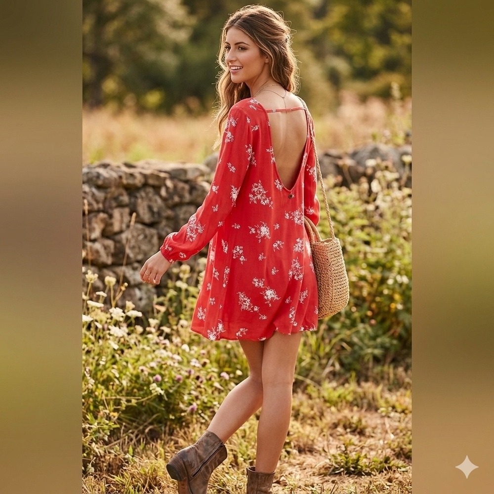 Billabong Sweet Tomorrows Red Cottagecore Boho‎ Floral Mini Dress Long Sleeve S